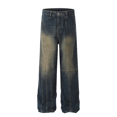 复古拼接水洗做旧宽松直筒牛仔裤