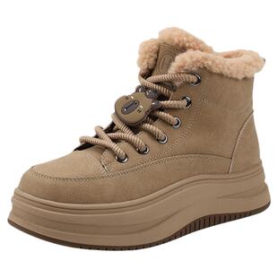 红粉知己厚底防滑高帮鞋女2026春季新款加绒保暖雪地靴圆头休闲鞋