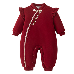 红色婴儿连体衣夹棉冬季百天宝宝衣服喜庆婴幼儿中式冬装保暖哈衣