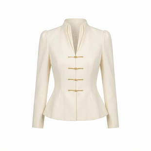 新中式立领收腰国风盘扣设计感职业装米杏色气质西装外套女