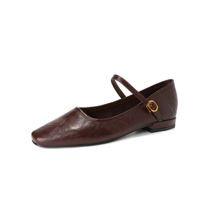 软羊皮~复古文艺单鞋女2025新款一字式浅口粗跟玛丽珍通勤小皮鞋