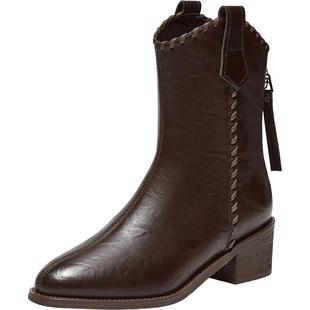 百思图2025冬商场新款粗跟显瘦V口骑士短靴女加绒马丁靴F3013DZ5