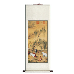 郎世宁八骏图国画中式卷轴挂画竖版玄关过道装饰画餐厅书房墙壁画