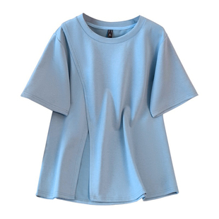 t恤大码女装短袖夏季新款胖mm宽松正肩显瘦设计感不规则下摆上衣
