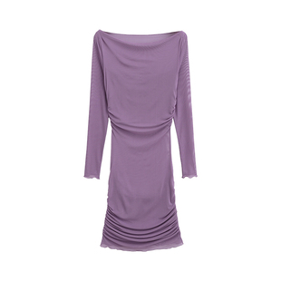 YoungGirlDay纯欲性感一字领斜肩修身显瘦褶皱网纱包臀连衣裙短裙