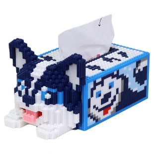 哈士奇纸巾盒抽拉换纸积木玩具小颗粒手工3D立体拼图6-12岁女孩男