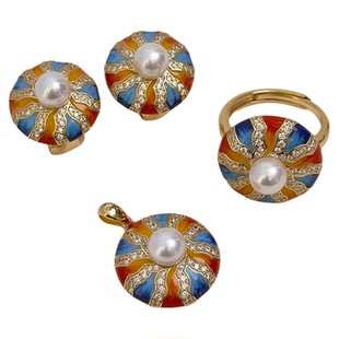 《梦里晨昏》精工925纯银k金工艺滴釉珐琅彩珍珠耳钉戒指吊坠套装