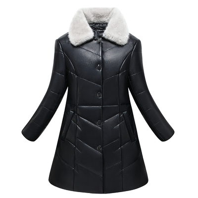 韩版中长款大码妈妈装真皮羽绒服