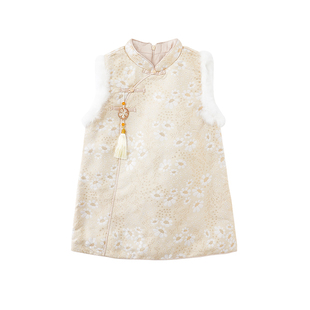 厵女童旗袍裙2024冬季新款中小童夹棉加厚中国风无袖连衣裙演出服