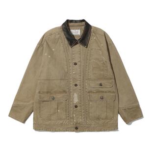 TIRES「渍割」羊皮领密歇根四袋工装谷仓夹克 水洗做旧帆布厚外套