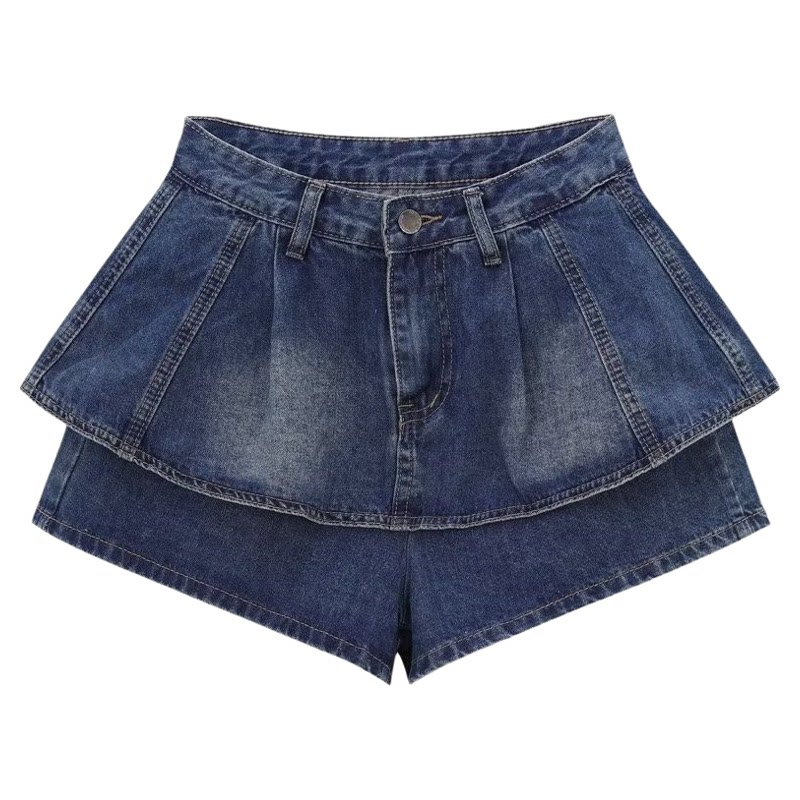 荷叶边高腰假两件牛仔半身裙女
