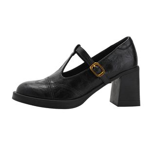 羊皮版~通勤风T字扣带玛丽珍鞋女复古高跟粗跟小皮鞋圆头气质单鞋