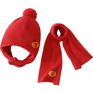 【大吉大利】齐齐熊宝宝帽子围巾两件套冬红色新年纯棉针织加绒帽