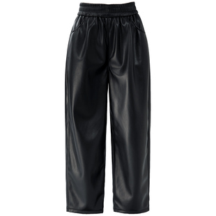 黑色PU皮裤哈伦裤女2025新款冬季时尚宽松直筒小个子九分萝卜裤子