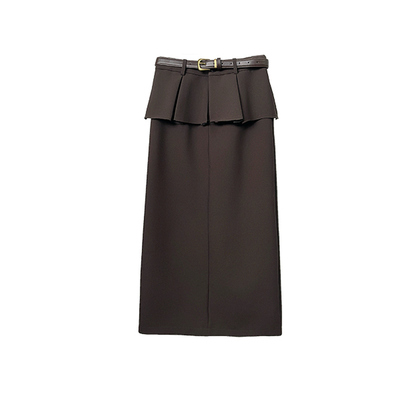 【一比Eby】荷叶边后开叉高腰通勤直筒半身裙带腰带秋季女251480#