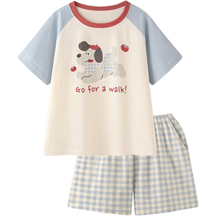 『吃番茄の狗』卡通情侣凉感纯棉睡衣女款夏新款短袖家居服套装男