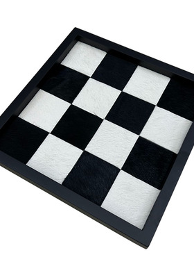 马毛棋盘格托盘彩色配色玄关收纳盘真皮样板房家居摆件高品质