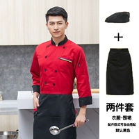 Красный лонгслив, фартук, шапка