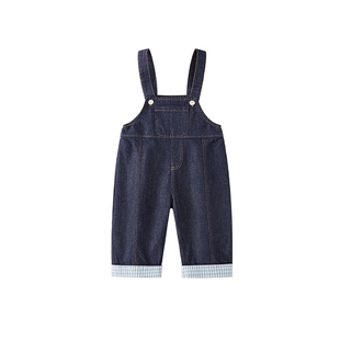 [7A抑菌]女童格纹牛仔背带裤春季休闲裤儿童翻折撞色裤子宝宝春装