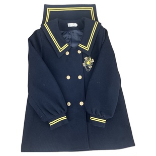 樱奈家纯色双排扣水手领大衣日系JK制服学院风秋冬中长款毛呢外套