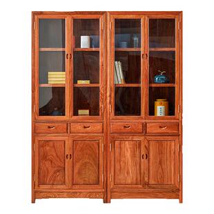 花梨木书柜原木书架书橱新中式收纳储物柜书房全实木玻璃门陈列柜