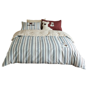 木悠卡通可爱小狗条纹全棉磨毛四件套秋冬加厚保暖纯棉被套床单