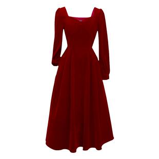 红色方领丝绒连衣裙女秋冬法式复古气质赫本风年会订婚礼服裙子