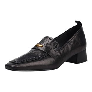 3.5cm真皮粗跟黑色英伦风小皮鞋女中跟方头编织懒人鞋皮带扣单鞋