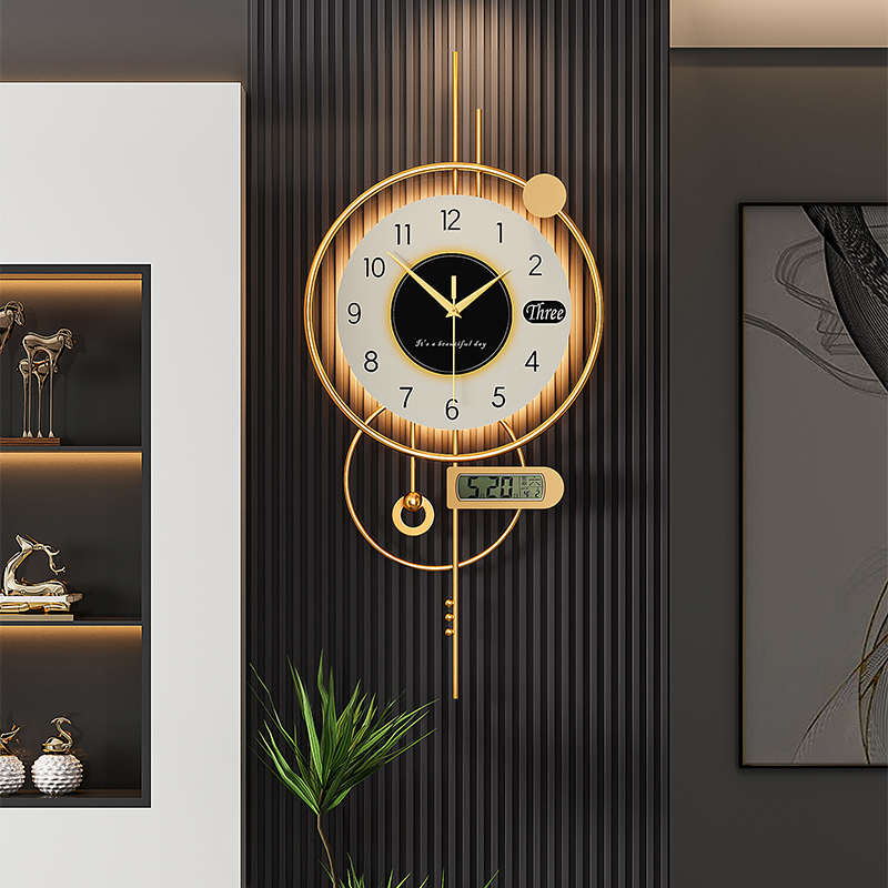 2025新款日历温度钟表挂钟客厅创意家用装饰格栅墙轻奢打孔挂墙钟