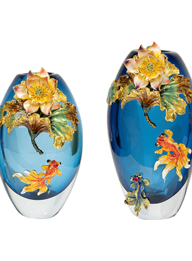 中式轻奢珐琅彩透明玻璃插花瓶高级感客厅桌面摆件艺术装饰鲜花器