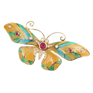 珐琅精致工艺18K金镶钻石蝴蝶胸针、吊坠两用款