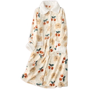 甜美樱桃熊法兰绒睡裙女秋冬季加厚保暖长袖家居裙睡袍珊瑚绒睡衣