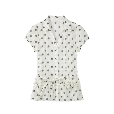 天丝薄款泡泡袖木耳边短袖衬衫