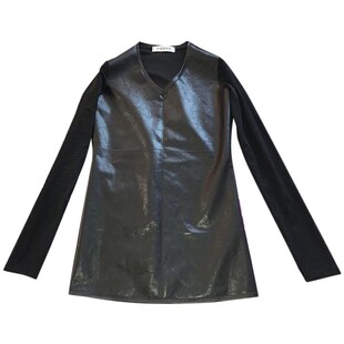 秋季新款韩版时尚洋气小衫t恤女长袖网纱拼接皮u上衣v领绒打底衫