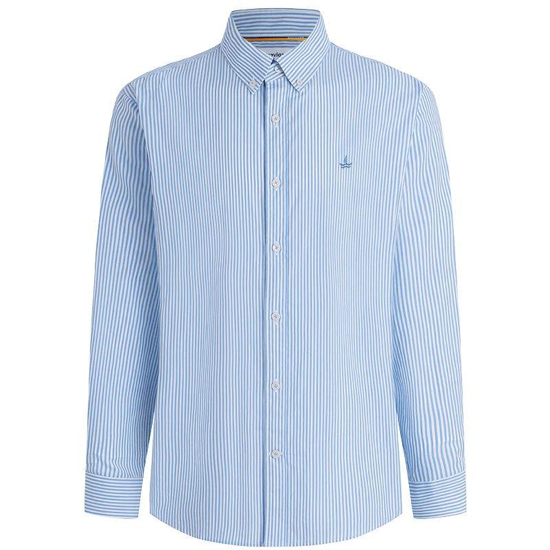 Navigare小帆船纯棉牛津纺长袖衬衫男士春季新款休闲蓝色条纹衬衣