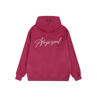 ATRY花体刺绣LOGO麂皮连帽卫衣帽衫 秋冬季美式高街情侣长袖上衣