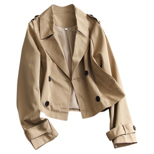 纯色挺括翻领立体肩袢扣双排扣2025秋季新款短外套长袖女风衣V890