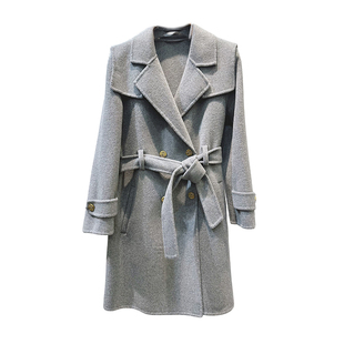 黑色双面羊绒大衣女常规款2025新款系腰带假披肩高端毛呢外套秋冬