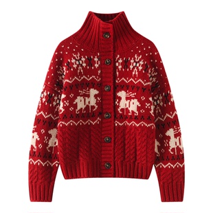 重磅秋冬高领加厚提花拼色山羊绒开衫女轻奢毛衣气质复古毛衣外套