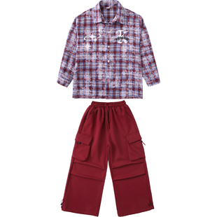 新年儿童乐队演出服女童爵士舞吉他表演服装男童格子衬衫长袖新款