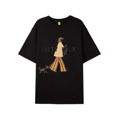 U/TI黑色城市漫步印花T恤女装 简约阔感圆领短袖尤缇时尚夏季新款