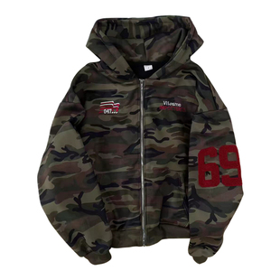 胖mm大码女装美式迷彩色长袖卫衣外套女设计感宽松藏肉连帽棒球服