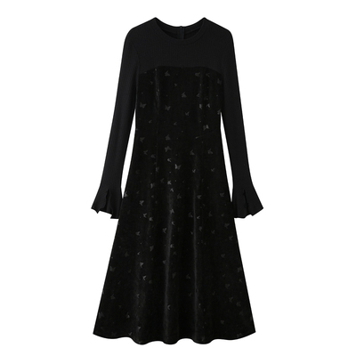 法式黑色碎花秋冬丝绒连衣裙女高级感假两件气质内搭长裙