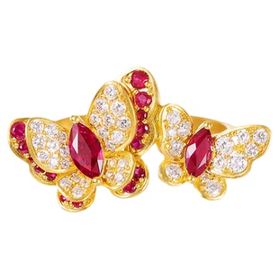 宝石矿工【庄周梦蝶系列·双蝶】足金天然红宝石蝴蝶戒指