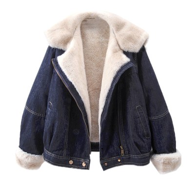 韩系西装领加绒加厚牛仔外套女