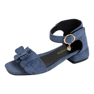儿童凉鞋女童韩式花朵装饰中大童夏季粗跟一字带露趾仙女鞋配裙子