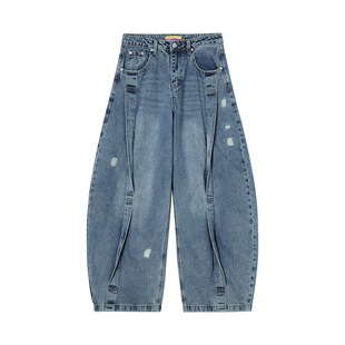 CLP蓝黑色翻折牛仔裤男宽松阔腿弯刀裤休闲复古做旧潮流长裤毛边