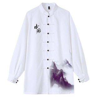 太极服女练功服男表演服演出服八段锦太极拳珍珠麻印花新款中国风