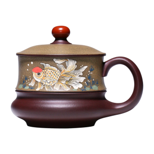 紫砂杯纯手工男女杯子带盖办公泡茶杯内胆过滤茶具双鱼情侣杯送人