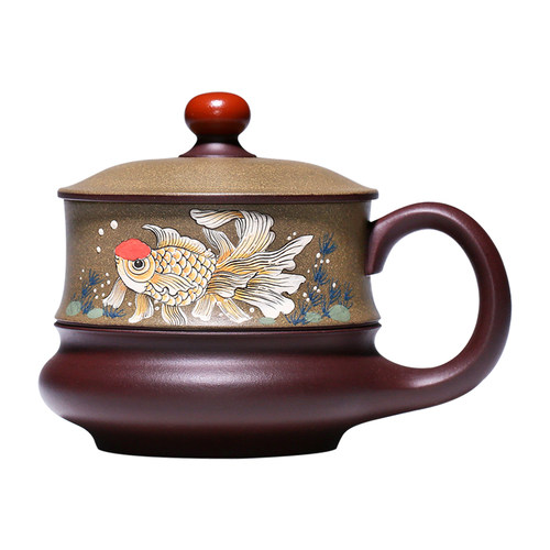 紫砂杯纯手工男女杯子带盖办公泡茶杯内胆过滤茶具双鱼情侣杯送人